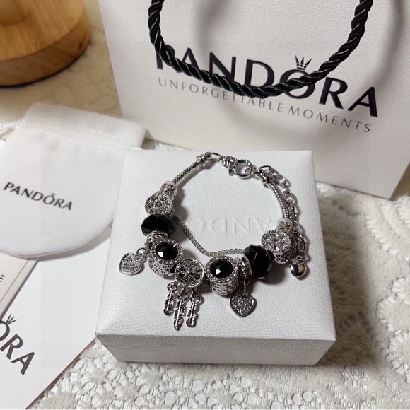 Pandora Silver Bracelet with Black Heart Charms - Picture 2 of 6